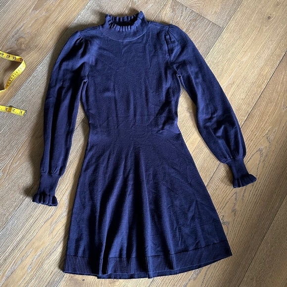 CECE Women's Long Sleeve Smock Cuff Mock Neck Sweater Dress in Navy - Picture 4 of 10